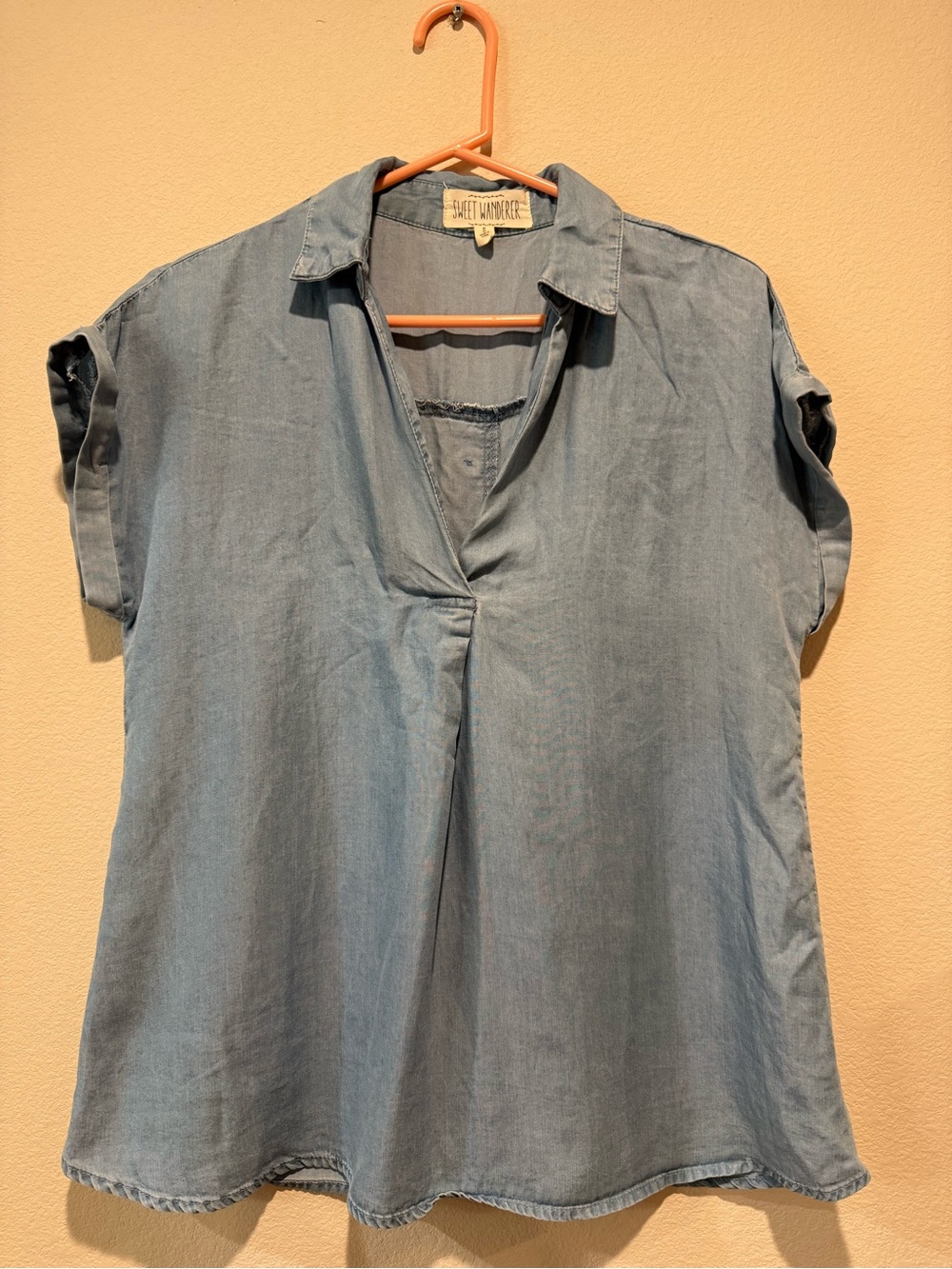 Sweet Wanderer Denim-Look V-Neck Tunic in Light Blue